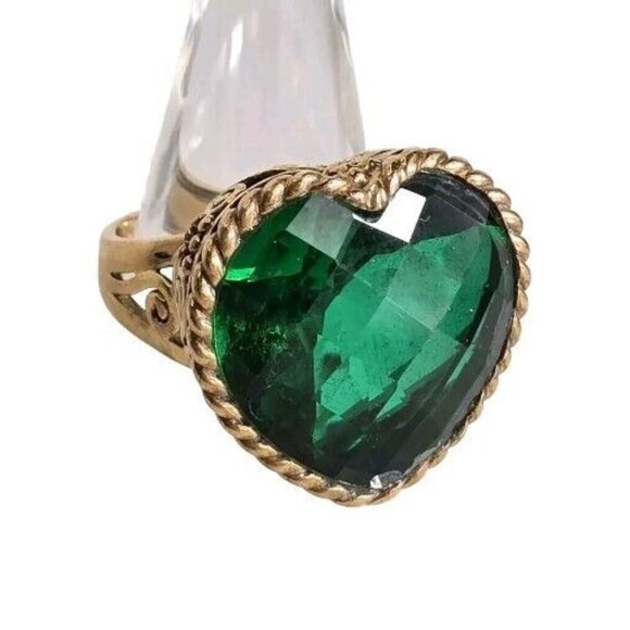 Sajen AMORE Bronze Gold Faceted Green Quartz Heart Statement Ring Sz 8 Filagree - Picture 10 of 11